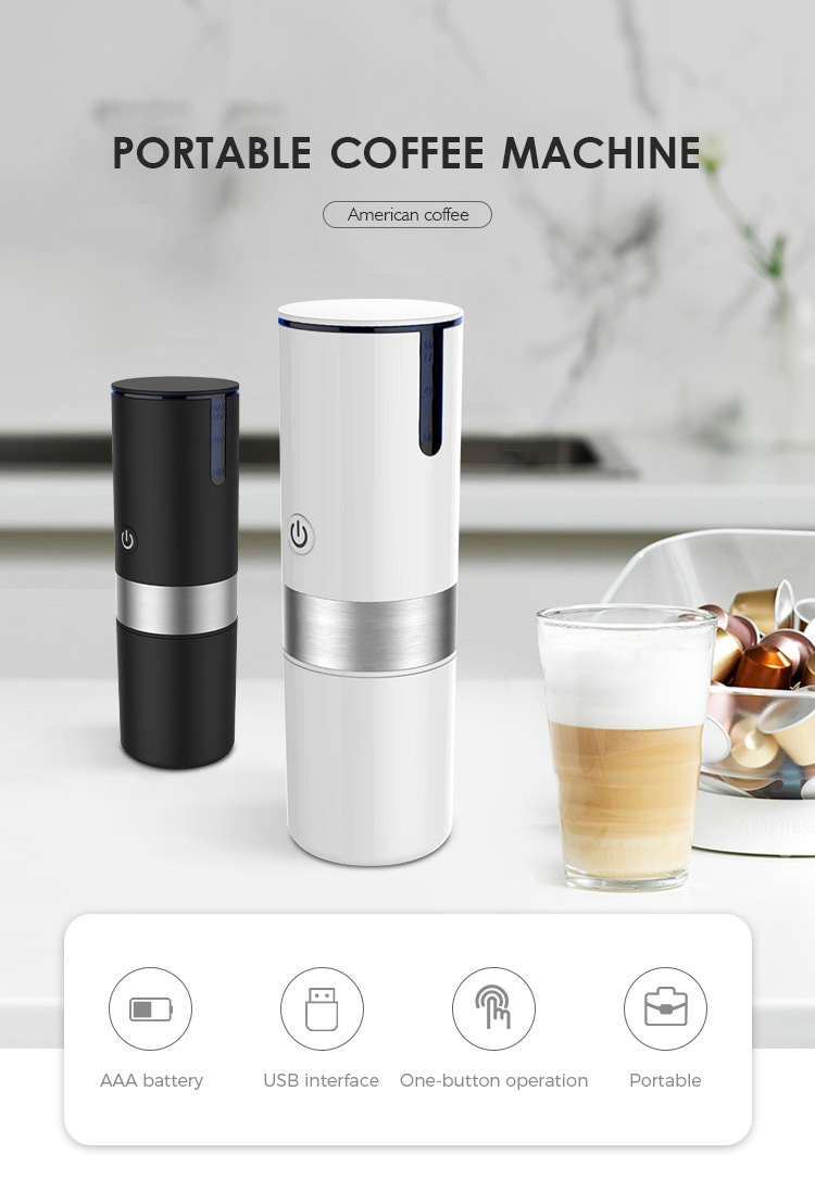 Portable Fully Automatic Coffee Machine for espresso and coffee grounds in black and white.